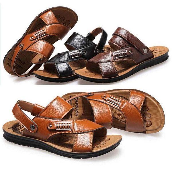 

sandals summer men's leather roman men shoes beach flip flops fashion outdoor slippers breathable, Black