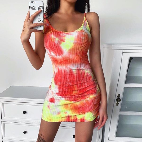 

casual dresses tie dye ruched drawstring spaghetti strap backless club wear bodycon summer sleeveless mini short for women c128, Black;gray