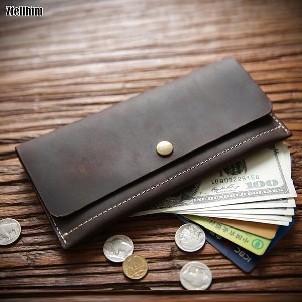 

2021 genuine leather wallet for men male real cowhide handmade men's long bifold purse simple style phone wallets card holder, Red;black