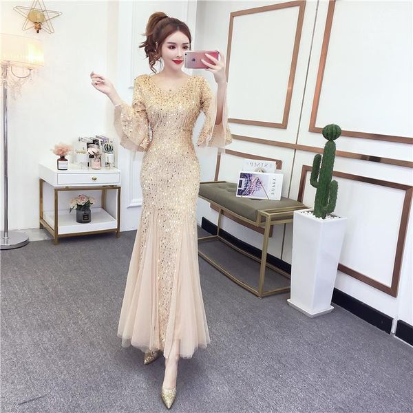 

casual dresses spring autumn women's dress v-neck flare sleeve sequined long korean pure color commuter slimming ll213, Black;gray