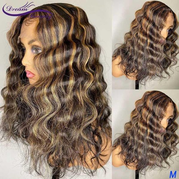 

highlight color deep wave lace front human hair wigs 180% density remy brazilian bleached knots dream beauty1, Black;brown