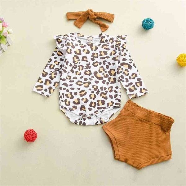 Bambini invernali imposta manica lunga O collo pagliaccetti leopardati Brwon pantaloncini solidi fascia per capelli carino 2 pezzi ragazze vestiti per ragazzi 0-2T 210629