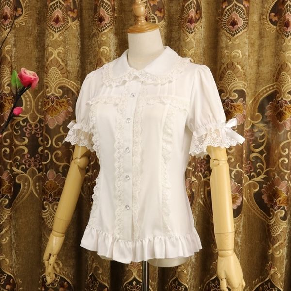 Дамы с коротким рукавом шифоновая блузка белая / черная кнопка лолита вниз рубашка с съемными рукавами 210317