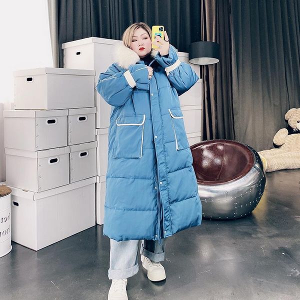

winter thick even large women's clothing age 200 pounds of fat girl plus hat long fur collar cotton coat down & parkas, Black