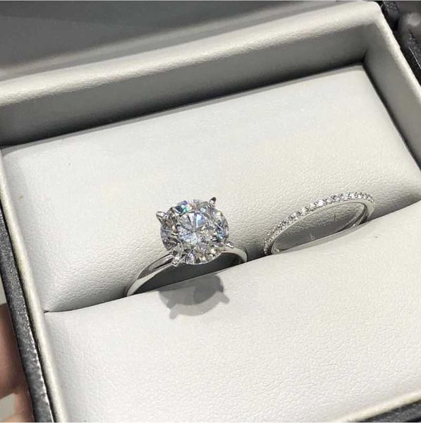

cluster rings classic four 100% 925 sterling silver created 2ct 6mm moissanite gemstone wedding engagement ring set anniversary jewelr, Golden;silver