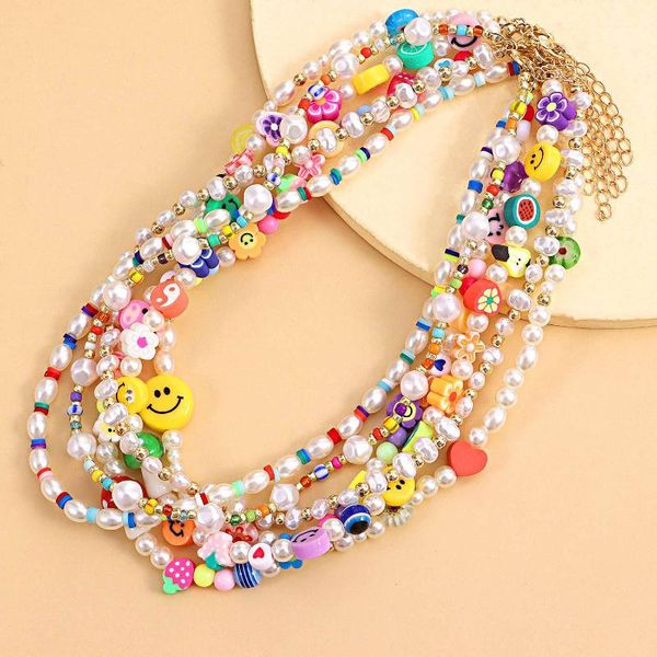 

chokers fashion simulated pearl fruit choker necklace for women bohemian simple face flower bead short collar beach gift, Golden;silver