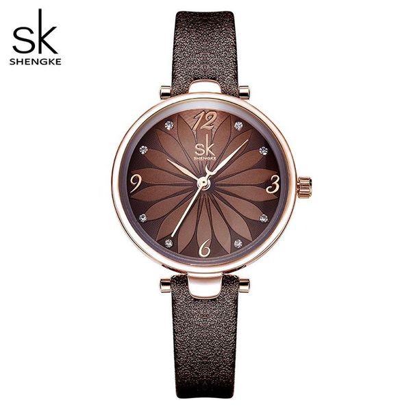

wristwatches shengke leather watch flower dial women quartz quar, Slivery;brown