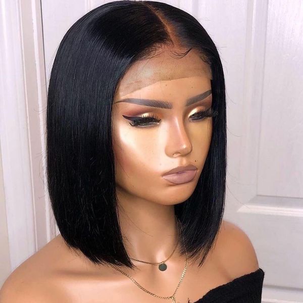 

short bob silky straight human hair 150% density 13x6 high definition lace front wig baby hair pre-pulled natural hairline peruvian bleached, Black;brown