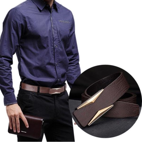 

style men's genuine leather belt luxury designer men metal smooth buckle leisure jeans strap belts, Black;brown