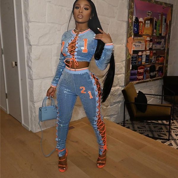 

women's two piece pants women number embroidery lace up sequins set hollow out night club party suit long sleeve crop pencil, White