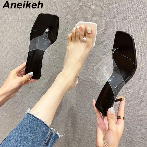 

aneikeh sandals women 2021 summer pvc flip flops thong slippers rome thin heels fashion concise shallow leisure party solid, Black