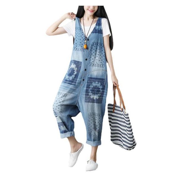 

women's jeans women loose bandanna paisley printed denim jumpsuits sleeveless overalls holes ripped crop coveralls, Blue