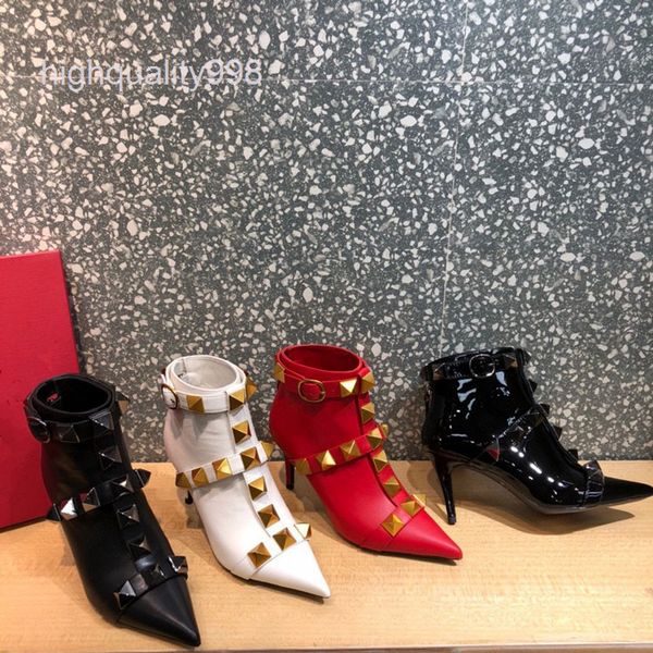 

boots high end quality women's shoes autumn winter leather patent pointed thin heel fashion boots short, Black