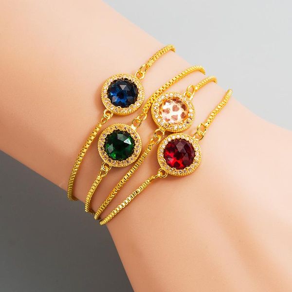 

luxury female green blue red bracelet yellow gold color bracelets for women charm round zircon stone party chain, Golden;silver