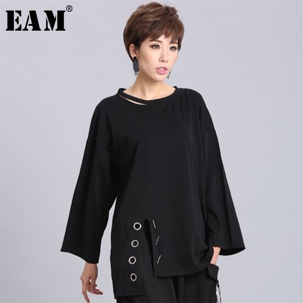 

[eam] new spring summer black full sleeve o collar split pullover personality women fashion tide loose casual t-shirt oa881 210324, White