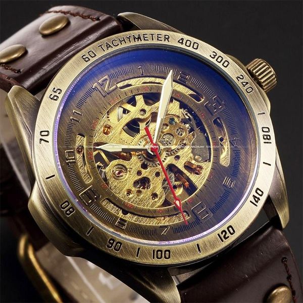 

wristwatches shenhua brand blue coating vintage self-winding automatic skeleton mechanical watch leather men's wristwatch steampunk clo, Slivery;brown