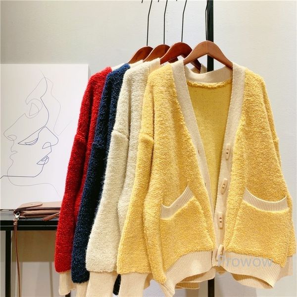 

knits oversized women thick knit jacket neck horn coat female spring autumn knitted cardigan sweater, White