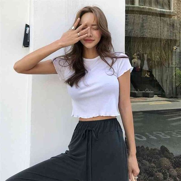 Parte superior de verão sexy camiseta mulheres elasticidade t-shirt estilo coreano roupa roupa slim camiseta fêmea casual manga curta 210423