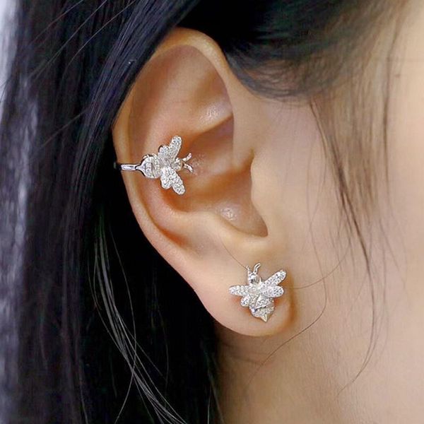 

clip-on & screw back fashion bee animal cuff clip earring pure 925 sterling silver zircon women wedding insect jewelry