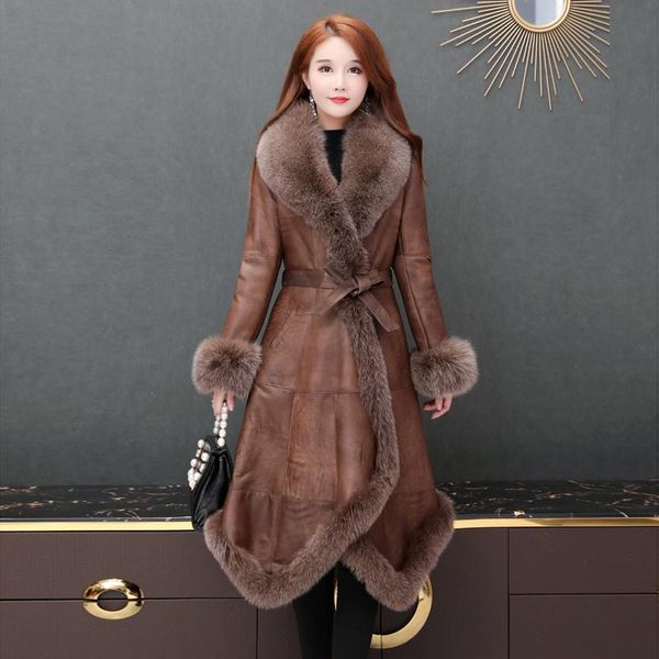 

women's fur & faux 2021 autumn/winter genuine leather clothing all-in-one coat medium length double face overcoat winter warm, Black