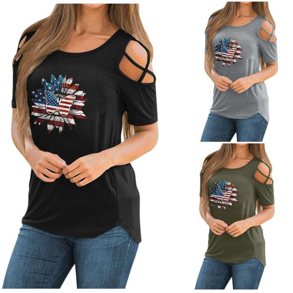 T-Shirt da donna Casual Fasciatura incrociata T-shirt da donna Spalla aperta Stampa bandiera americana Top estivo manica corta