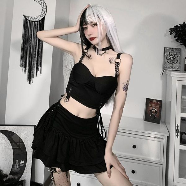 

women's tanks & camis punk safari chain black camisole grunge gothic bodycon corset emo streetwear backless women summer, White
