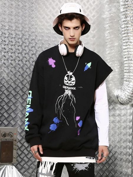 

men letter & graphic print drop shoulder pullover 05o6#, Black