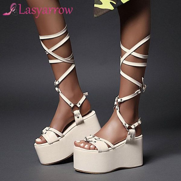 

lasyarrow woman sandals gladiator ladies ankle wrap wedges women platform shoes female fashion lace up women's footwear, Black