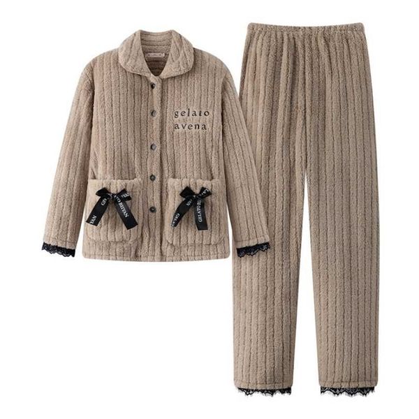 

winter warm flannel women pajamas sets thick coral velvet long sleeve fleece sleepwear home suits ladies terry nightwear pijama 211126, Black;red