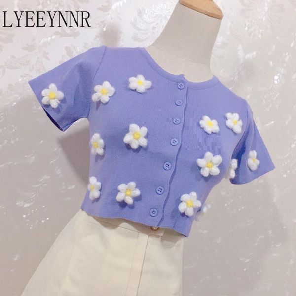 

women's knits & tees lyeeynnr 3d flower decoration summer cardigan women o neck short sleeve single breasted sweet 2021 chic ropa muje, White