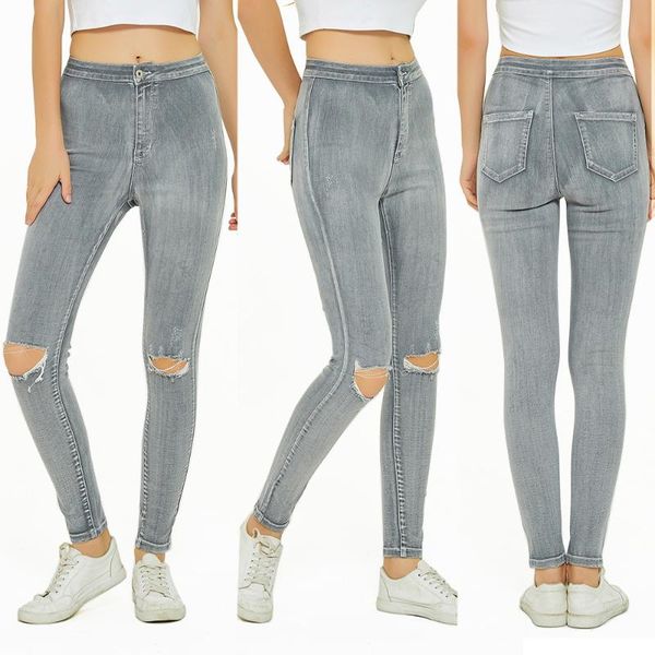 

sumiton europe and the united states simple leg jeans knee hole women's high waist thin pencil pants gray, Blue