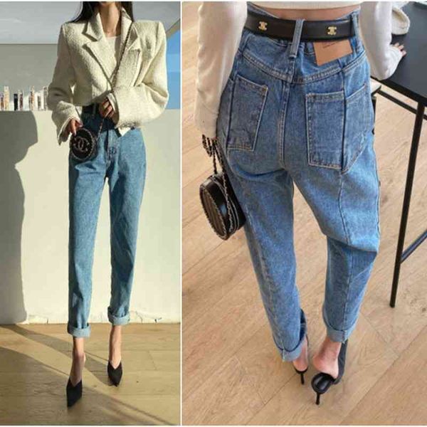 

women's jeans korean version of the asymmetric all-match casual bag stitching carrot blue 89zo