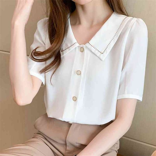

retro women's solid color white chiffon shirt female loose short sleeve doll collar shirts lady simple style 210507