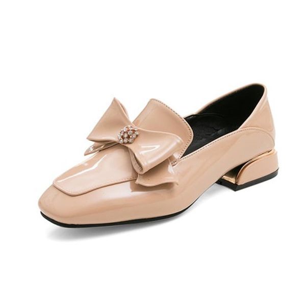 

dress shoes butterfly-knot low heels women pumps patent leather thick high loafers square toe party maziao, Black