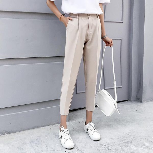 

spring autumn solid elastic waist women capri harem causal loose ankle length button trousers, Black;white