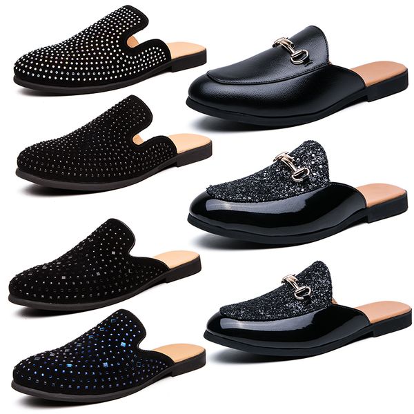 

luxury designer mens slippers rhinestones princetown loafers genuine leather flats mules fashion casual shoes slipper black slip-on shoes sl