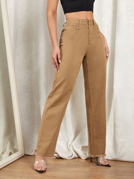 

high waist raw hem straight leg jeans e41u#, Blue