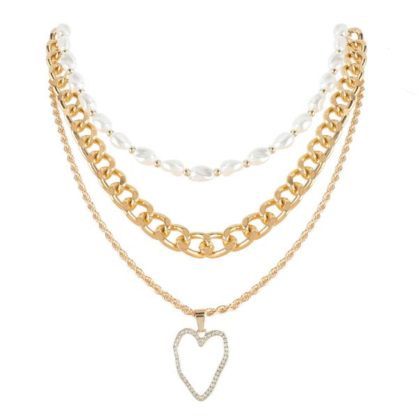 

handmade golden alloy peach heart pendant necklaces pearl bead ethnic style personality mix and match clavicle chain multilayer snake-chain, Silver