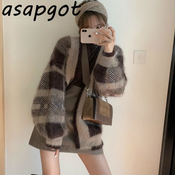 

asapgot gentle 3sets fall vintage v neck plaid cardigan sweater coat high tshirts slim waist skirts mini fashion chic 210429, White