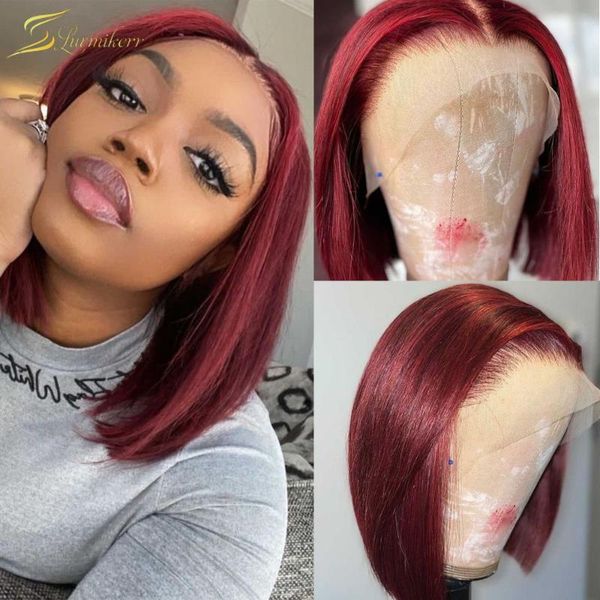 

lace wigs burgundy 99j red straight front wig full short bob pixie cut hd transparent frontal human hair preplucked glueless, Black;brown
