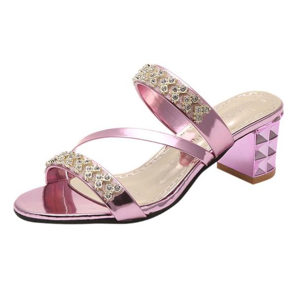 

simple women fashion high heel slipper casual square outdoor bohemian style classics crystal solid color slippers, Black