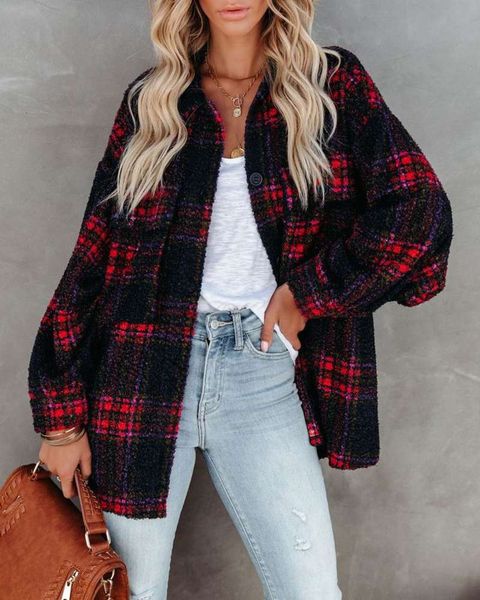 

autumn winter plush fashion plaid long coat, Black;brown