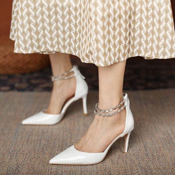 

dress shoes summer patent leather pointed toe rhinestone chain stiletto high heel bridal wedding banquet all-match female sandal, Black