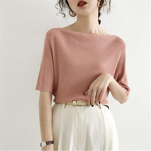 

women's t-shirt summer slash neck short sleeve knitted women korean style solid knitwear female 2021 elegant slim base shirt, White