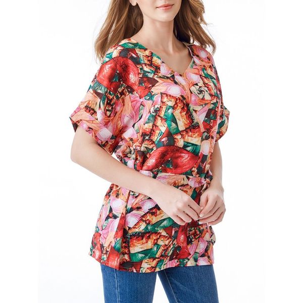 

plus size dresses code printed cotton v-ne short sleeve tunic lace up coat shirt 5805