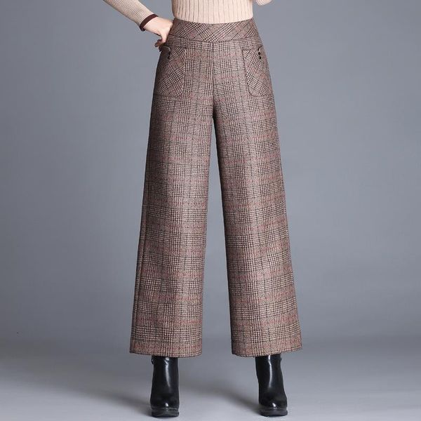 

women's pants & capris high waist wool vintage plaid wide leg women 2021 autumn winter warm formal office ladies work straight trousers, Black;white
