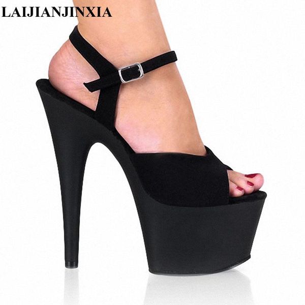 

17cm high heels women sandals 7cm platform open toe ankle straps summer shoes for ladies size 46, Black