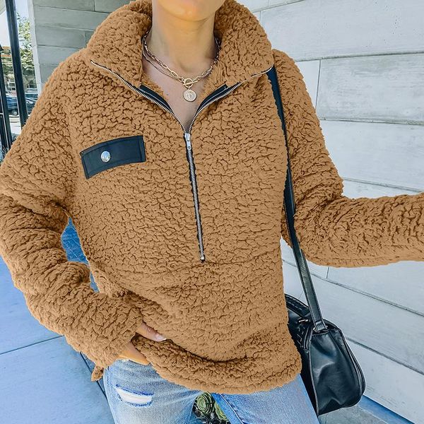 

women's jackets 2021 spring autumn women long faux lamb wool jacket female half open zipper loose pullover fashion casual outwear s-xl, Black;brown