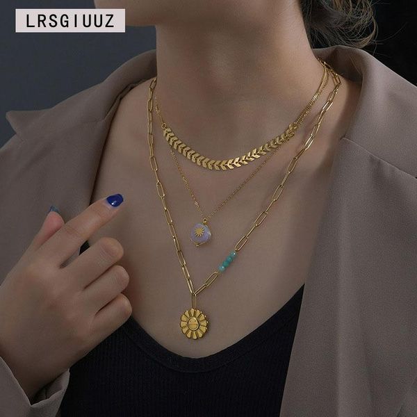 

pendant necklaces retro multi-layer fashion sunflower 14k stainless steel necklace women's street trend 2021 wheat ear clavicle chain, Silver
