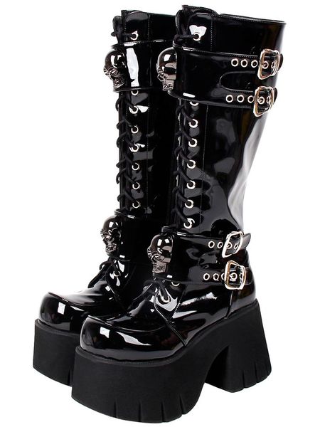 

boots angelic imprint women motorcycle cool punk lady lolita wedges platform shoes woman gothic high heels pumps 33-47 302 10cm, Black